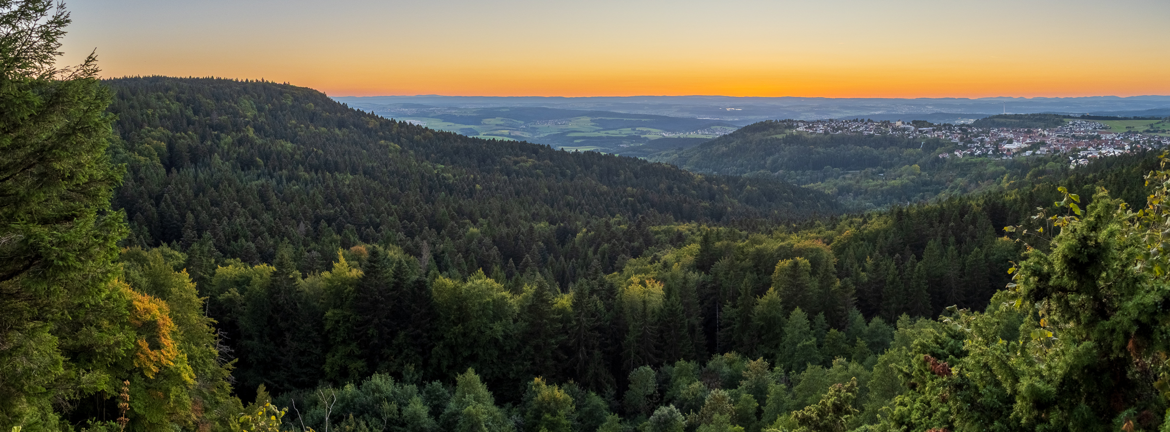 Sunset over the Black Forest, as seen from 1001 meter tall mount Kehlen, part of the Schwäbische Alb mountain range.